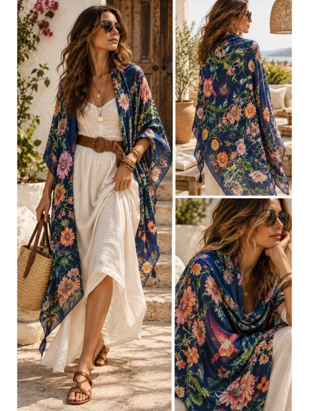 100% Silk Navy Floral Bird Butterfly Botanical Oversized Scarf Wrap Shawl 63x35